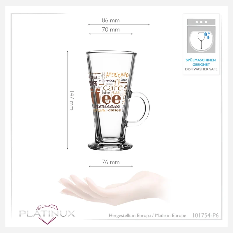 PLATINUX Kaffeegläser mit Motiv max. 280ml Set 6-Teilig aus Glas