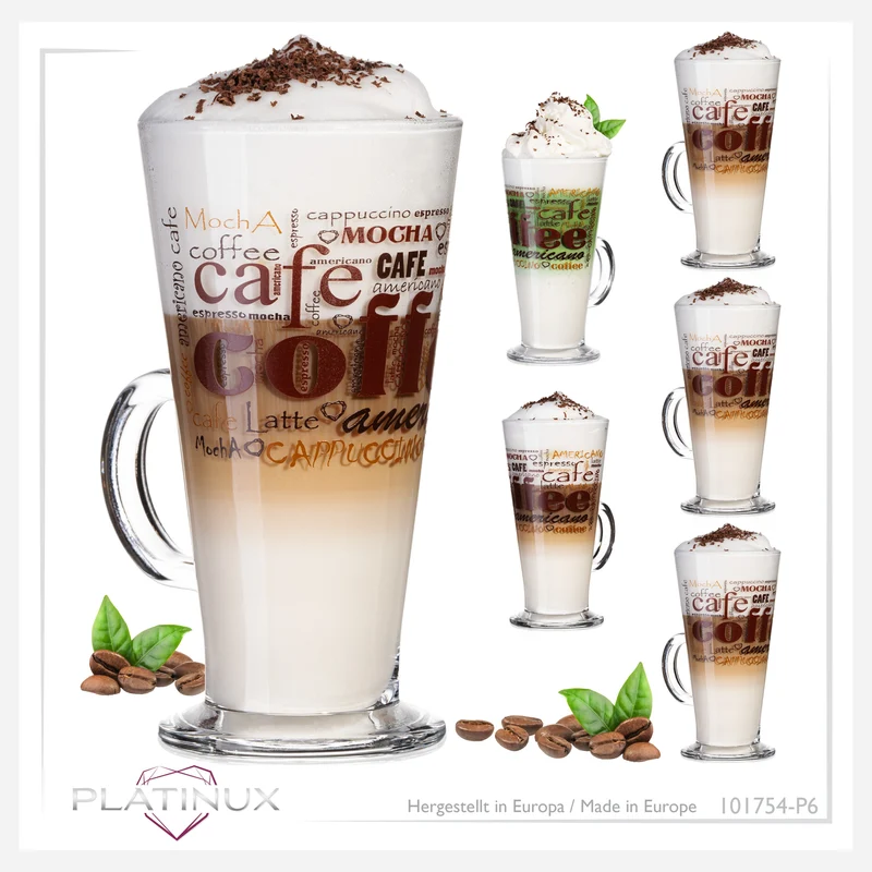 PLATINUX Kaffeegläser mit Motiv max. 280ml Set 6-Teilig aus Glas