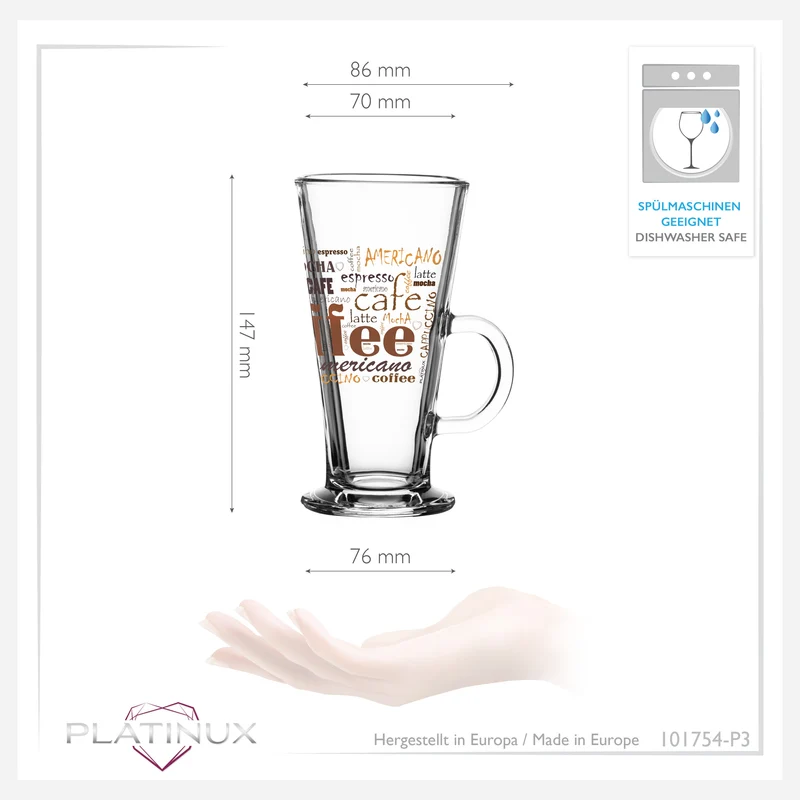 PLATINUX Kaffeegläser mit Motiv max. 280ml Set 3-Teilig aus Glas