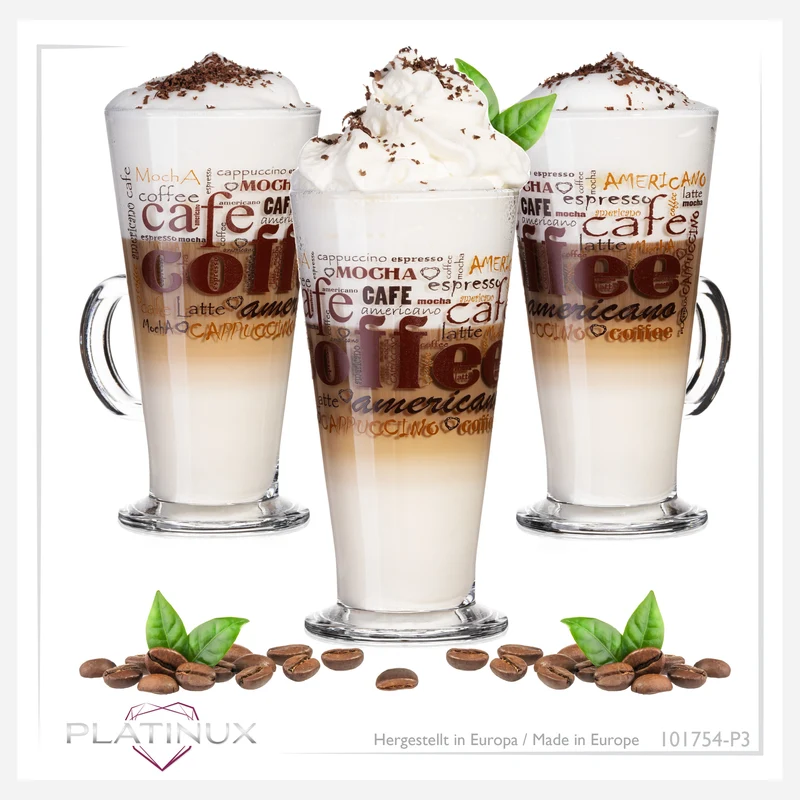 PLATINUX Kaffeegläser mit Motiv max. 280ml Set 3-Teilig aus Glas