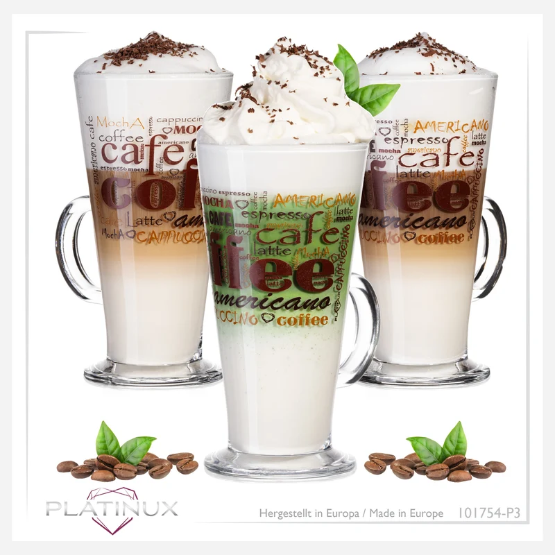 PLATINUX Kaffeegläser mit Motiv max. 280ml Set 3-Teilig aus Glas
