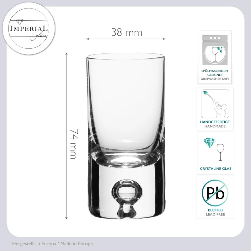 IMPERIAL Shotgläser 6er Set aus Crystalline Glas 30ml mit Luftblase im Boden Handmade "Lissabon"