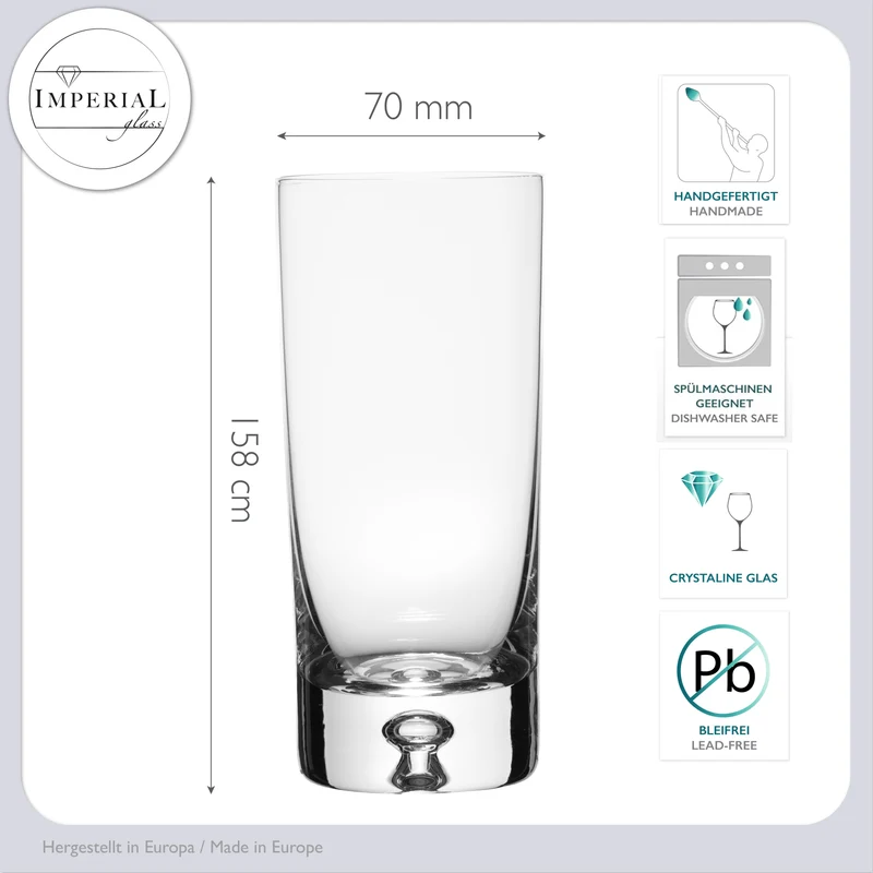 IMPERIAL Longdrinkgläser 370ml 6er Set Trinkgläser aus Crystalline Glas Serie "Lissabon" mit Luftblase im Boden Handmade