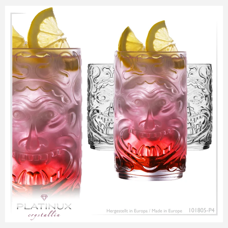 PLATINUX Tiki Gläser Set 4-Teilig aus Glas 350ml (max. 450ml) Cocktailgläser