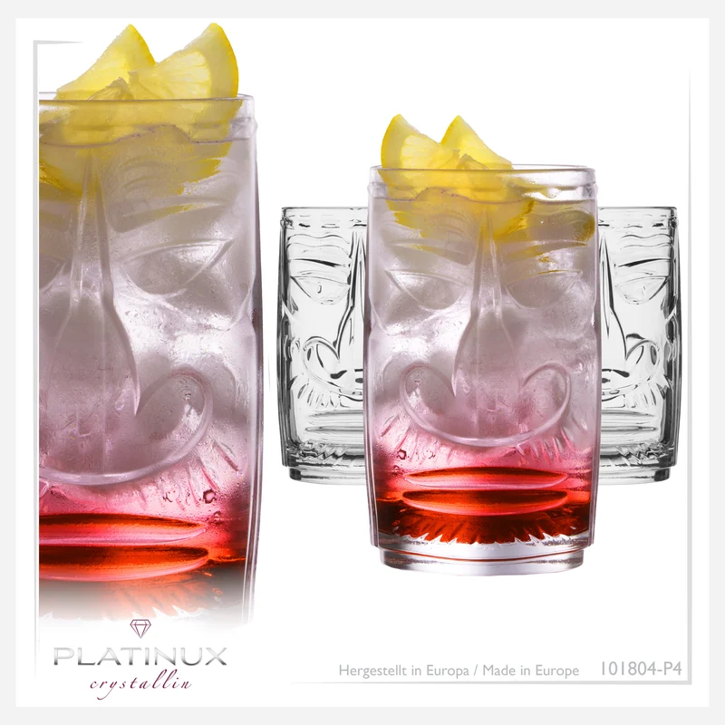PLATINUX Tiki Gläser Set 4-Teilig aus Glas 350ml (max. 450ml) Cocktailgläser