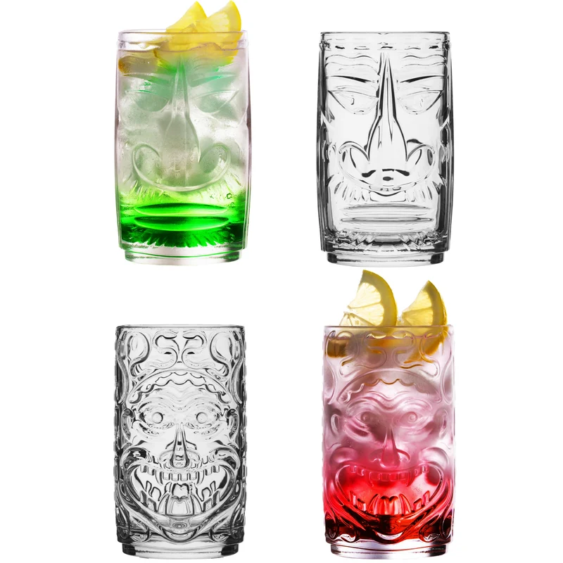 PLATINUX Tiki Gläser Set 4-Teilig aus Glas 350ml (max. 450ml) 2 Gesichter Cocktailgläser