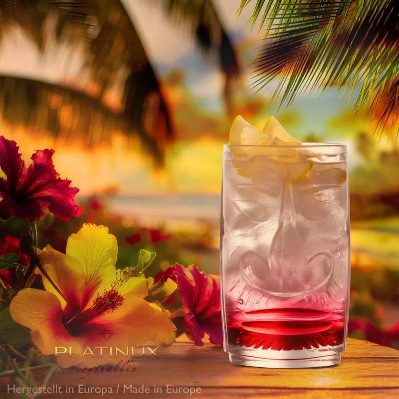 PLATINUX Tiki Gläser Set 4-Teilig aus Glas 350ml (max. 450ml) 2 Gesichter Cocktailgläser