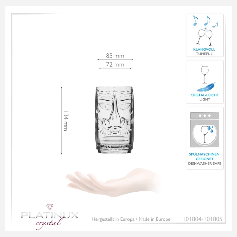 PLATINUX Tiki Gläser Set 4-Teilig aus Glas 350ml (max. 450ml) 2 Gesichter Cocktailgläser