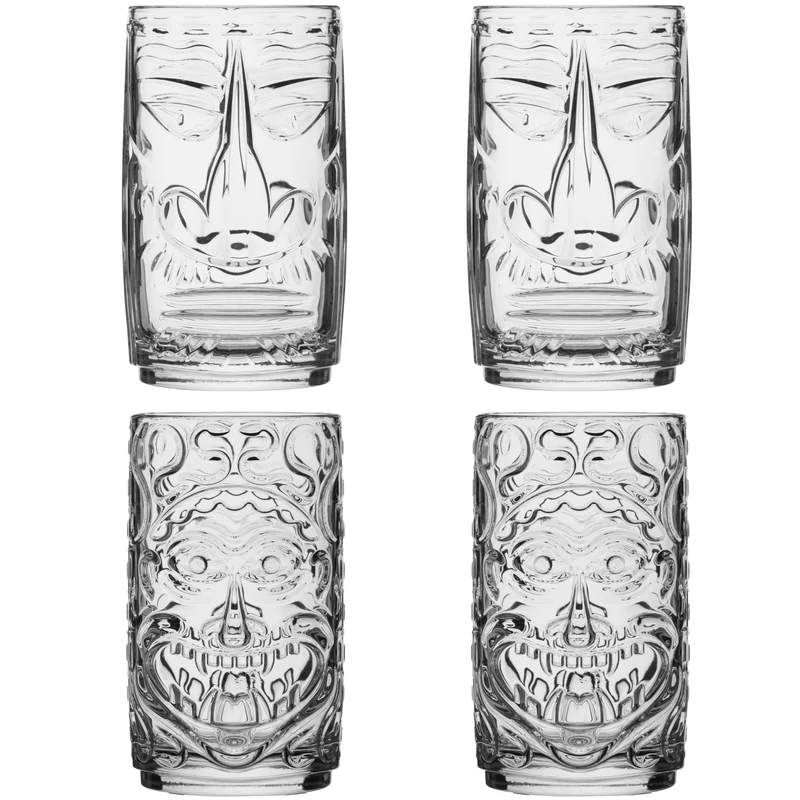PLATINUX Tiki Gläser Set 4-Teilig aus Glas 350ml (max. 450ml) 2 Gesichter Cocktailgläser