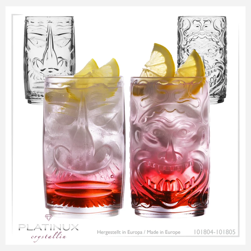 PLATINUX Tiki Gläser Set 4-Teilig aus Glas 350ml (max. 450ml) 2 Gesichter Cocktailgläser