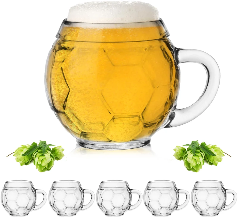 PLATINUX Bierglas mit Henkel Fußballglas 350ml (max.420ml) aus Glas Set 2-Teilig
