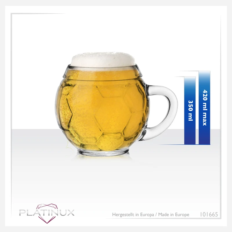 PLATINUX Bierglas mit Henkel Fußballglas 350ml (max.420ml) aus Glas Set 2-Teilig