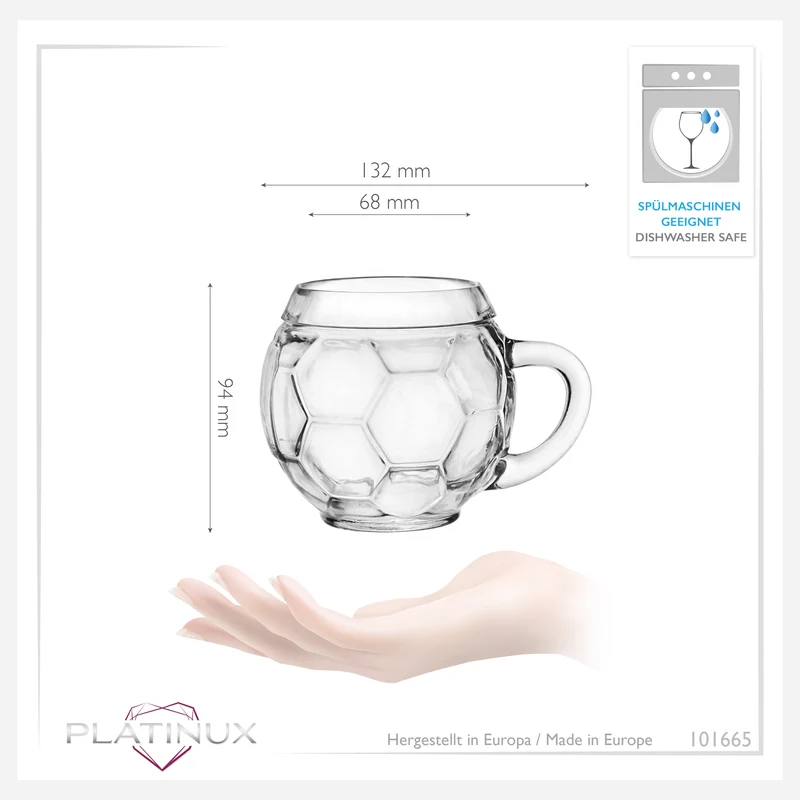 PLATINUX Bierglas mit Henkel Fußballglas 350ml (max.420ml) aus Glas Set 2-Teilig