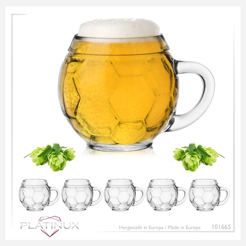 PLATINUX Bierglas mit Henkel Fußballglas 350ml (max.420ml) aus Glas Set 2-Teilig