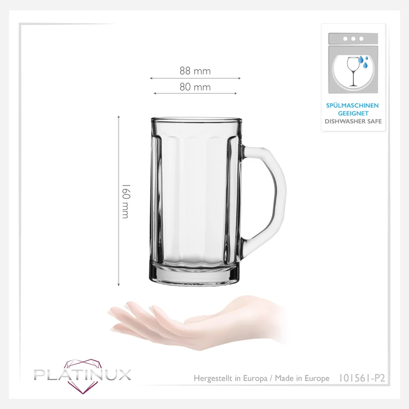 PLATINUX Bierseidel mit Henkel Set 2-Teilig 500ml (max. 650ml) Maßkrug aus Glas