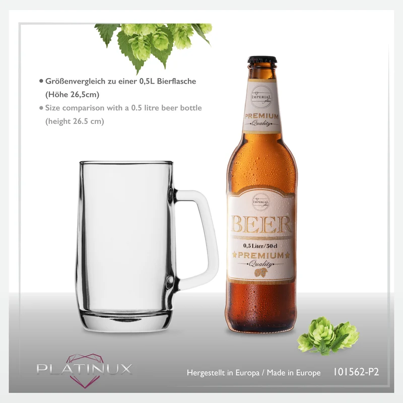 PLATINUX Bierseidel mit Henkel Set 2-Teilig 500ml (max. 580ml) Maßkrug aus Glas