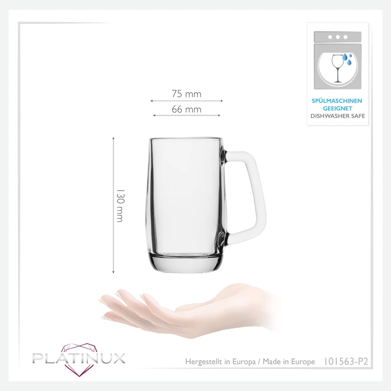 PLATINUX Bierseidel mit Henkel Set 2-Teilig 300ml (max. 375ml) Maßkrug aus Glas