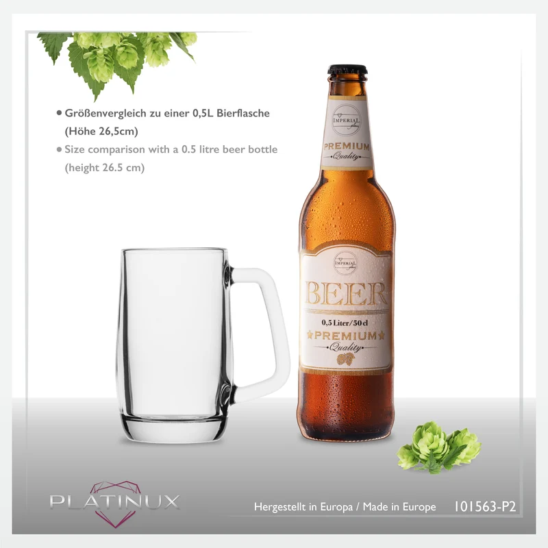 PLATINUX Bierseidel mit Henkel Set 2-Teilig 300ml (max. 375ml) Maßkrug aus Glas
