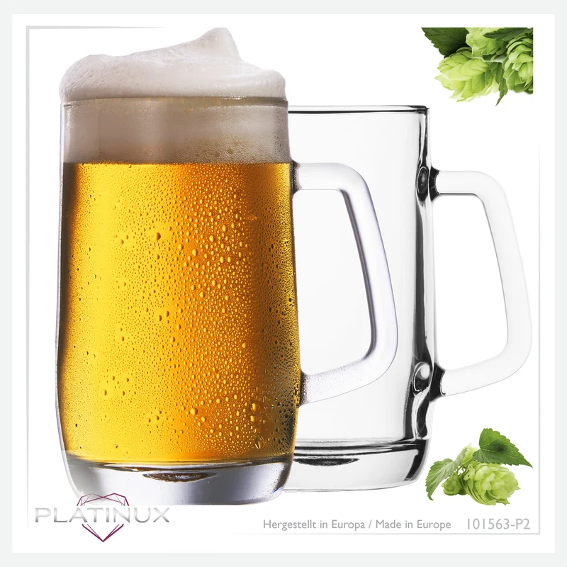 PLATINUX Bierseidel mit Henkel Set 2-Teilig 300ml (max. 375ml) Maßkrug aus Glas