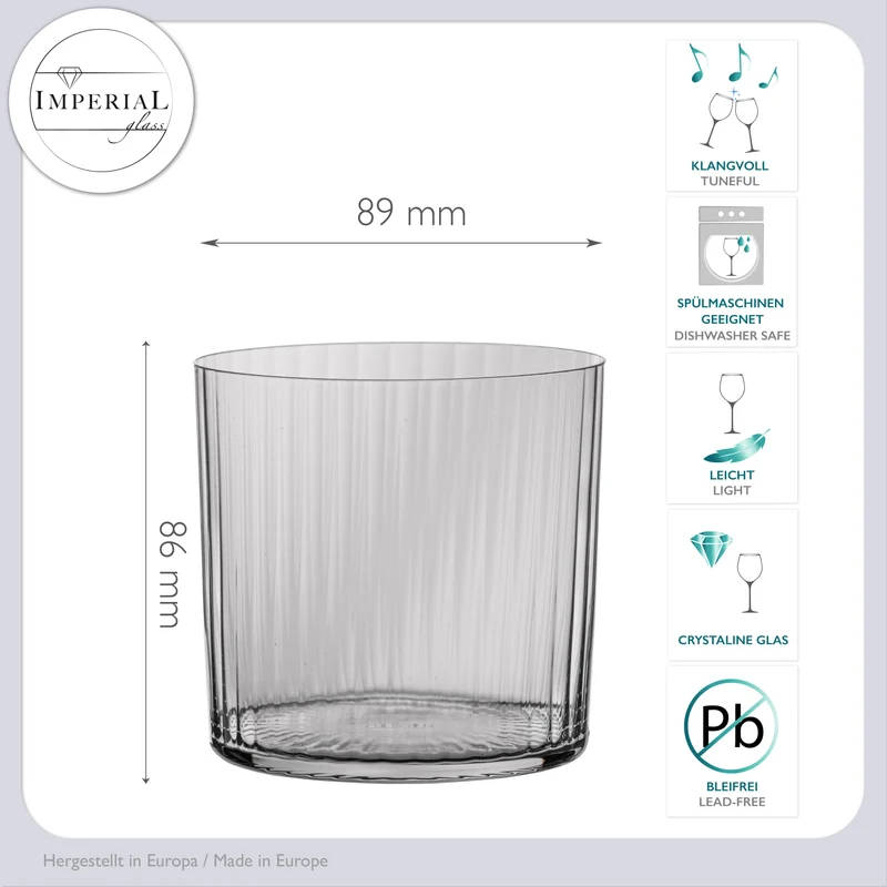 IMPERIAL geriffelte Trinkgläser 350ml 6er Set aus Crystalline Glas "London" Spülmaschinenfest