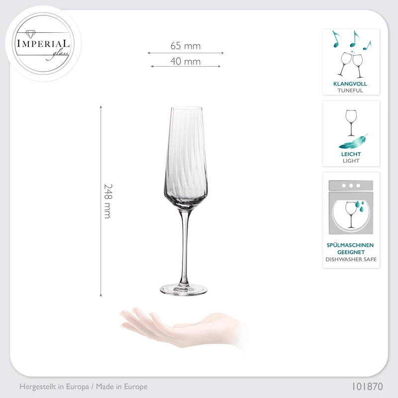 IMPERIAL glass geriffelte Sektkelche 200ml (max 230ml) "London" Set 4-Teilig aus Crystalline Glas