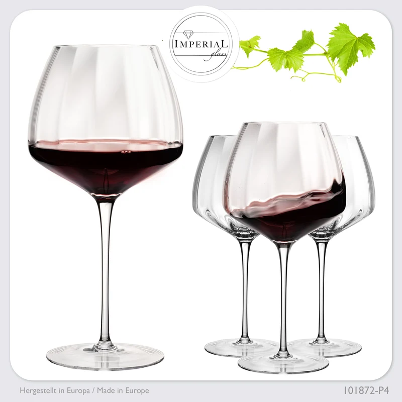 IMPERIAL glass Große Rotweingläser gewellt 930ml Set 4-Teilig "Cali" aus Crystalline Glas Handmade