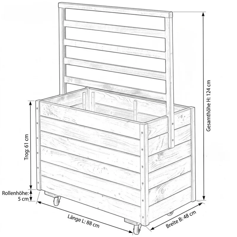 Pflanzkasten 'Basic' | mit Rollen | L 88 x B 48 x H 66 cm | Nadelholz fungizidbehandelt | Beschläge feuerverzinkt | schwarz lackiert | Made in Europe