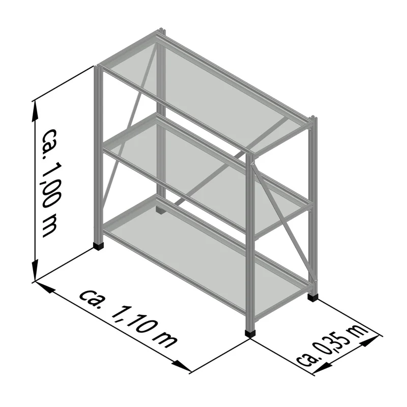Universal Regalsystem| B 35 x H 100 x L 110 cm | Alu-Profil und Kunststoff-Einlegeplatten weiß | für Gewächshaus | Made in Germany