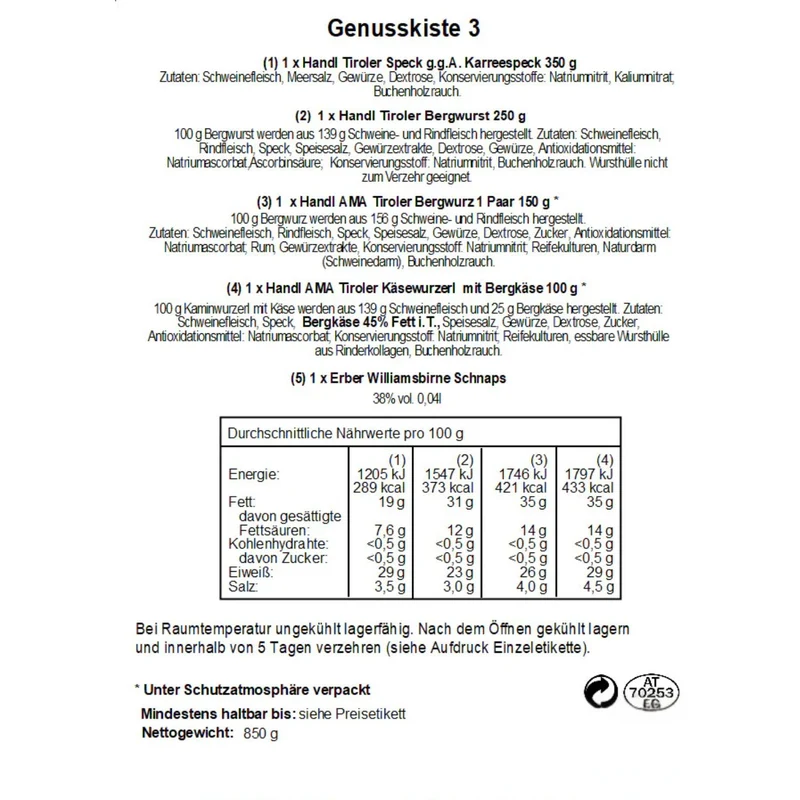 Genusskiste 'Piment' | Speck, verschiedene Würste, Schnaps | 850 g + 0,04 l | in der Holzkiste | Made in Austria