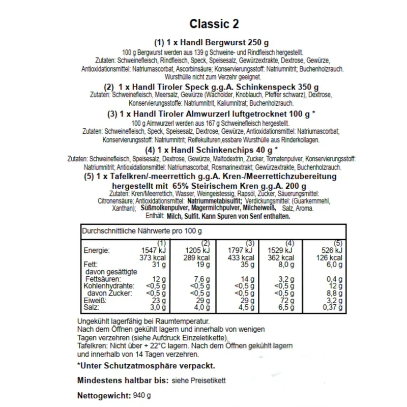 Genusspaket 'Classic2' | Speck, verschiedene Würste, Kren | 940 g | in der Holzkiste | Made in Austria