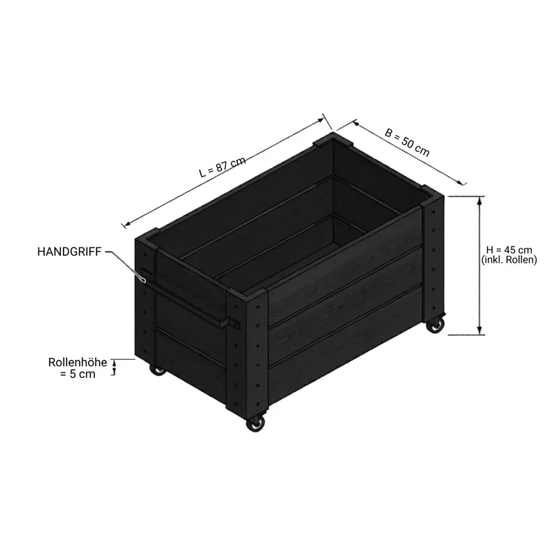 Pflanzkasten 'Cubic' | mit Rollen und Griff | Nadelholz fungizidbehandelt | Beschläge feuerverzinkt | schwarz lackiert | Made in Europe