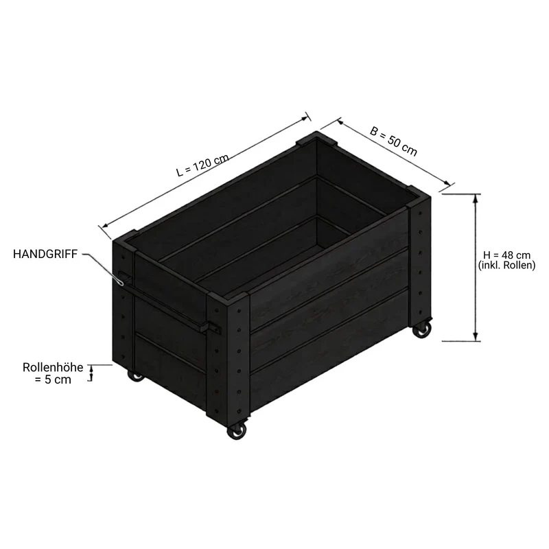 Pflanzkasten 'Cubic' | mit Rollen und Griff | Nadelholz fungizidbehandelt | Beschläge feuerverzinkt | schwarz lackiert | Made in Europe