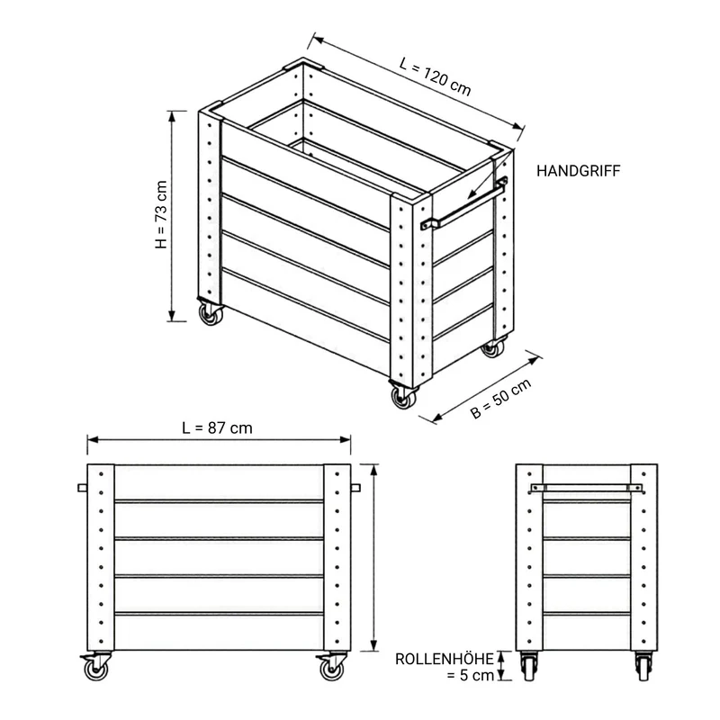 Pflanzkasten 'Cubic' | mit Rollen und Griff | Nadelholz fungizidbehandelt | Beschläge feuerverzinkt | schwarz lackiert | Made in Europe