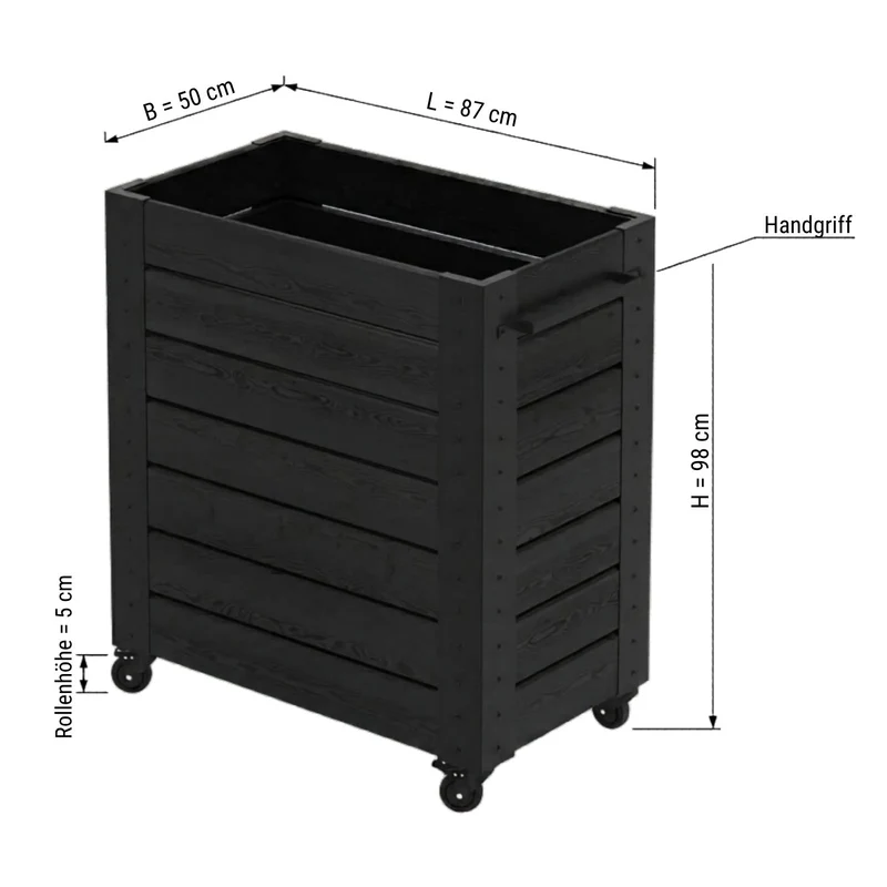 Pflanzkasten 'Cubic' | mit Rollen und Griff | Nadelholz fungizidbehandelt | Beschläge feuerverzinkt | schwarz lackiert | Made in Europe