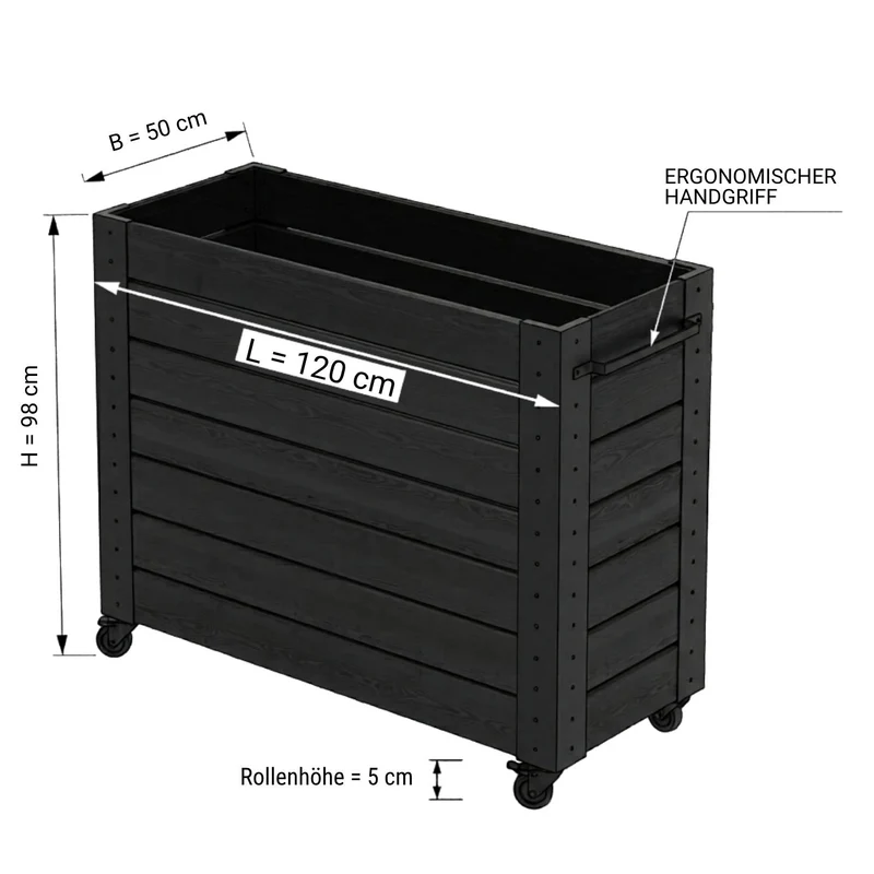 Pflanzkasten 'Cubic' | mit Rollen und Griff | Nadelholz fungizidbehandelt | Beschläge feuerverzinkt | schwarz lackiert | Made in Europe