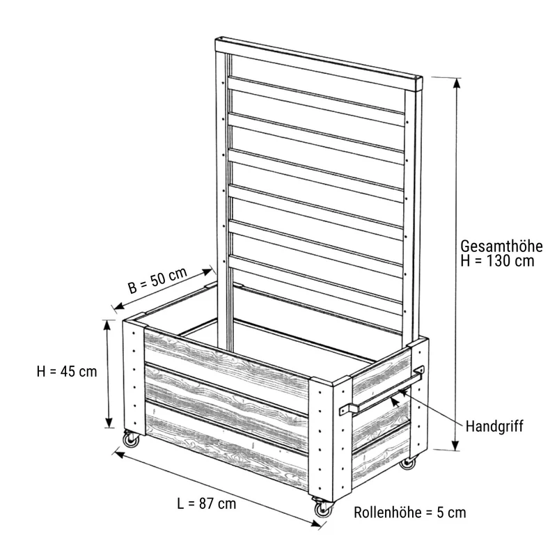 Pflanzkasten 'Cubic' | mit Spalier | mit Rollen/Griff | Nadelholz fungizidbehandelt | Beschläge feuerverzinkt | schwarz lackiert | Made in Europe