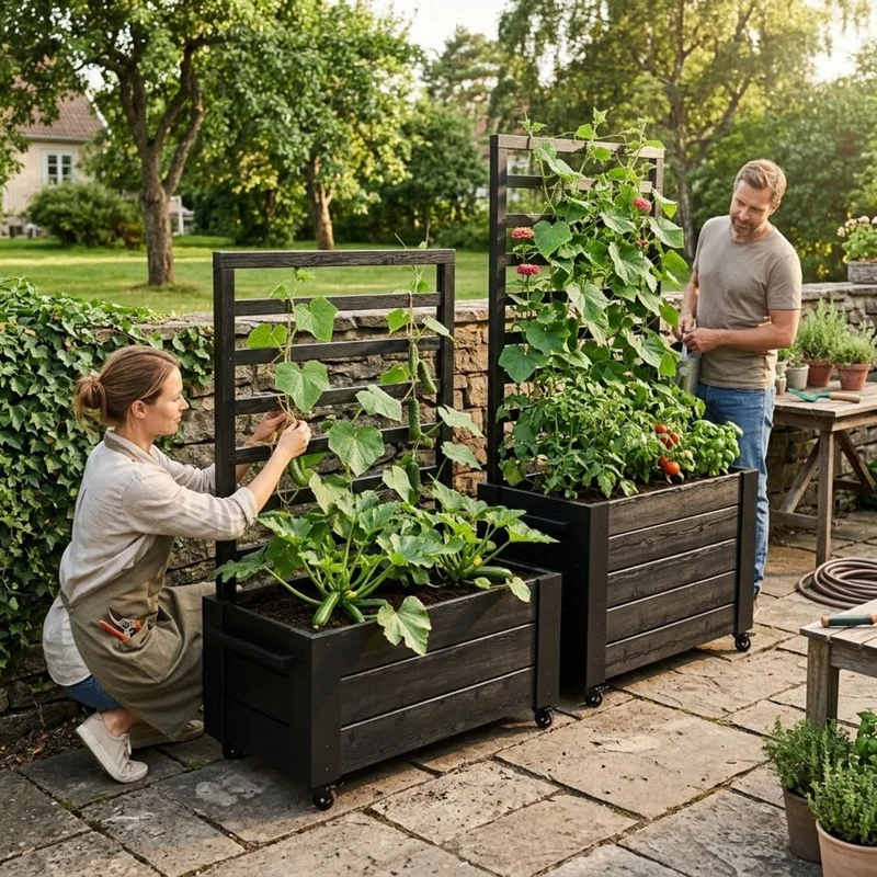 Pflanzkasten 'Cubic' | mit Spalier | mit Rollen/Griff | Nadelholz fungizidbehandelt | Beschläge feuerverzinkt | schwarz lackiert | Made in Europe