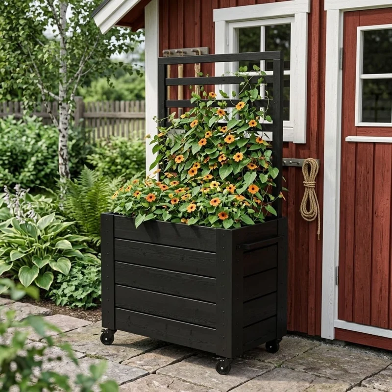 Pflanzkasten 'Cubic' | mit Spalier | mit Rollen/Griff | Nadelholz fungizidbehandelt | Beschläge feuerverzinkt | schwarz lackiert | Made in Europe