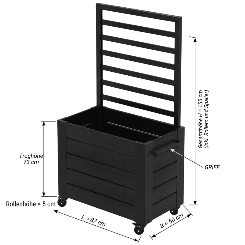 Pflanzkasten 'Cubic' | mit Spalier | mit Rollen/Griff | Nadelholz fungizidbehandelt | Beschläge feuerverzinkt | schwarz lackiert | Made in Europe