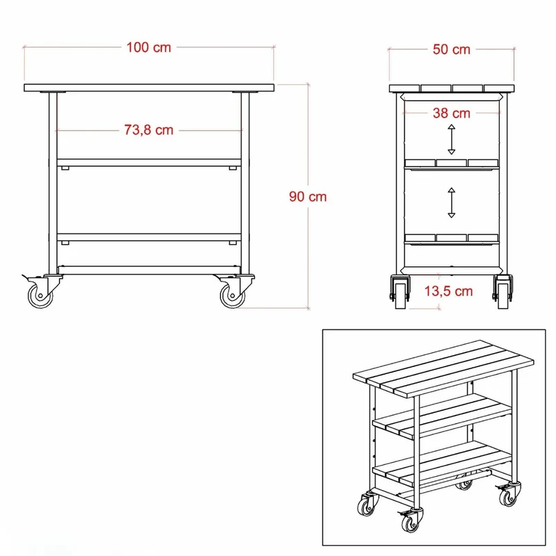 Pflanz-/Grilltisch 'Urban' | mit Regalfach | auf Rollen | Nadelholz | Beschläge verzinkt und schwarz pulverlackiert | Made in Europe