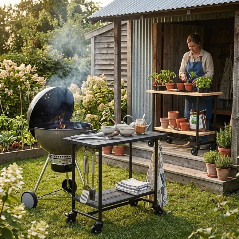 Pflanz-/Grilltisch 'Urban' | mit Regalfach | auf Rollen | Nadelholz | Beschläge verzinkt und schwarz pulverlackiert | Made in Europe