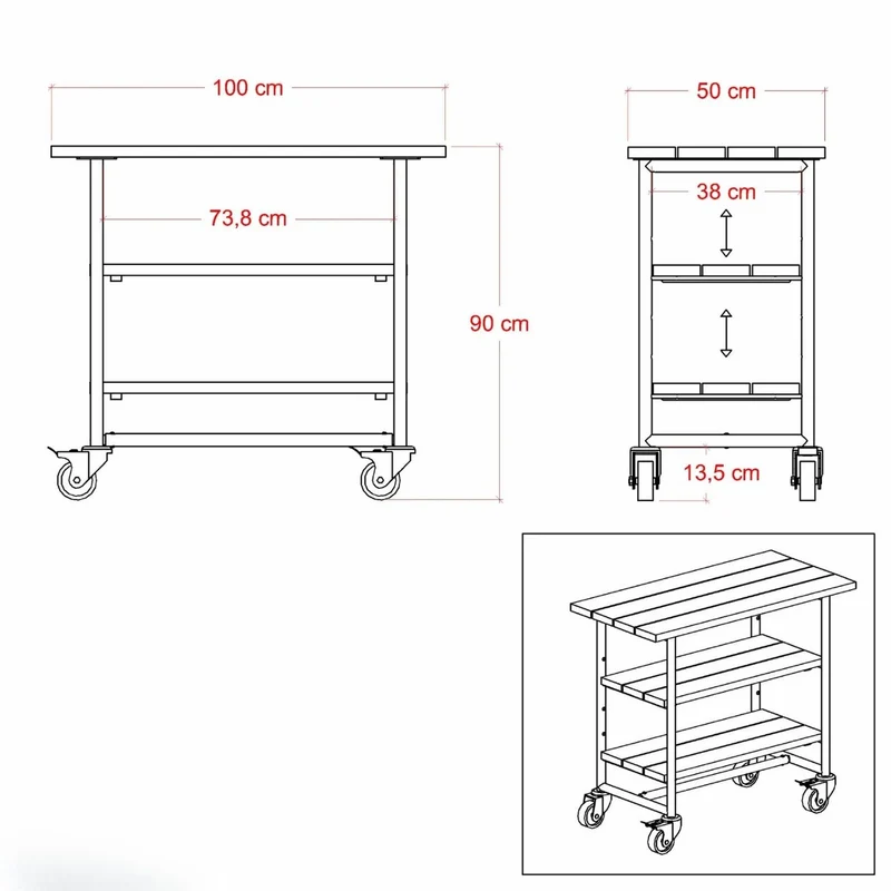 Pflanz-/Grilltisch 'Urban' | mit Regalfach | auf Rollen | Nadelholz | Beschläge verzinkt und schwarz pulverlackiert | Made in Europe