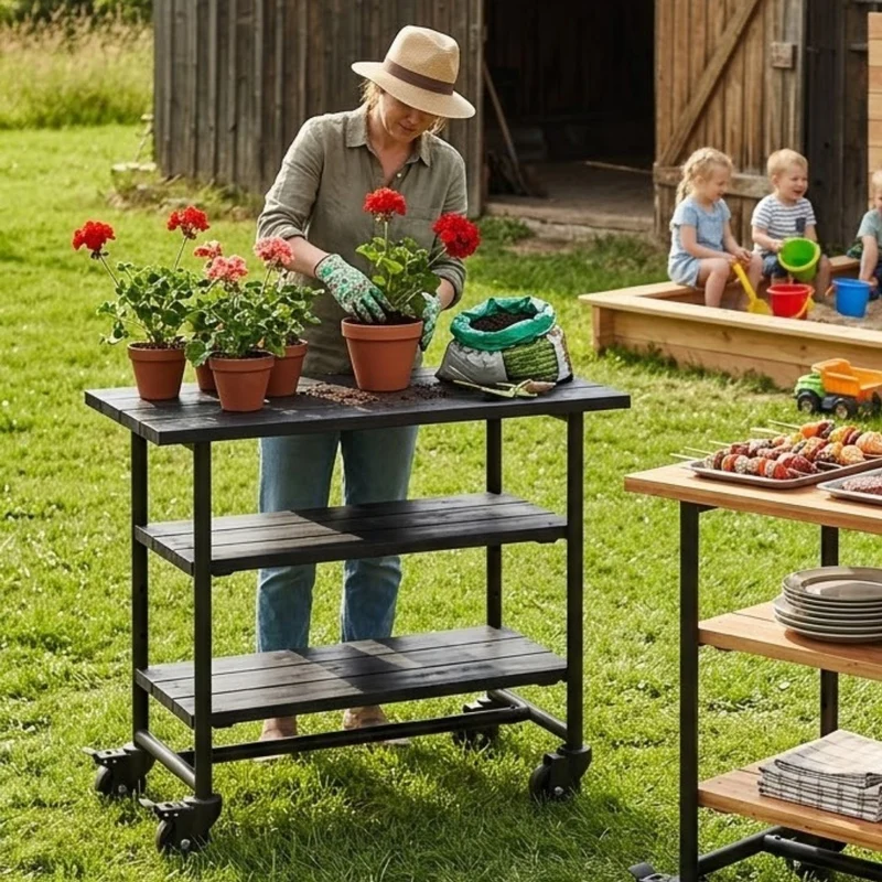Pflanz-/Grilltisch 'Urban' | mit 2 Regalfächern | auf Rollen | Nadelholz | Beschläge verzinkt und schwarz pulverlackiert | Made in Europe