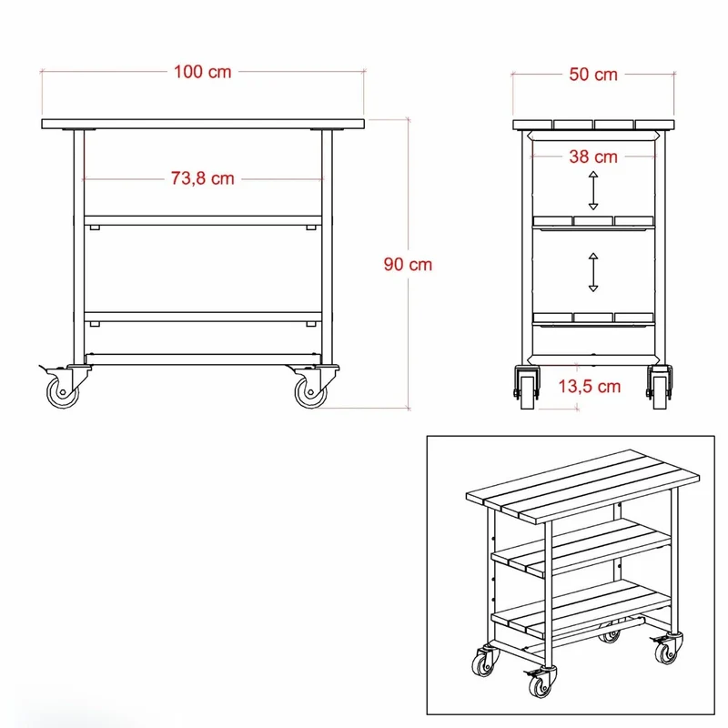 Pflanz-/Grilltisch 'Urban' | mit 2 Regalfächern | auf Rollen | Nadelholz | Beschläge verzinkt und schwarz pulverlackiert | Made in Europe
