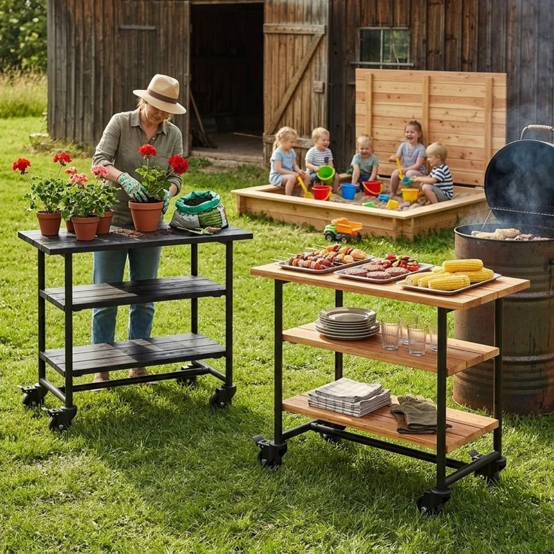 Pflanz-/Grilltisch 'Urban' | mit 2 Regalfächern | auf Rollen | Nadelholz | Beschläge verzinkt und schwarz pulverlackiert | Made in Europe
