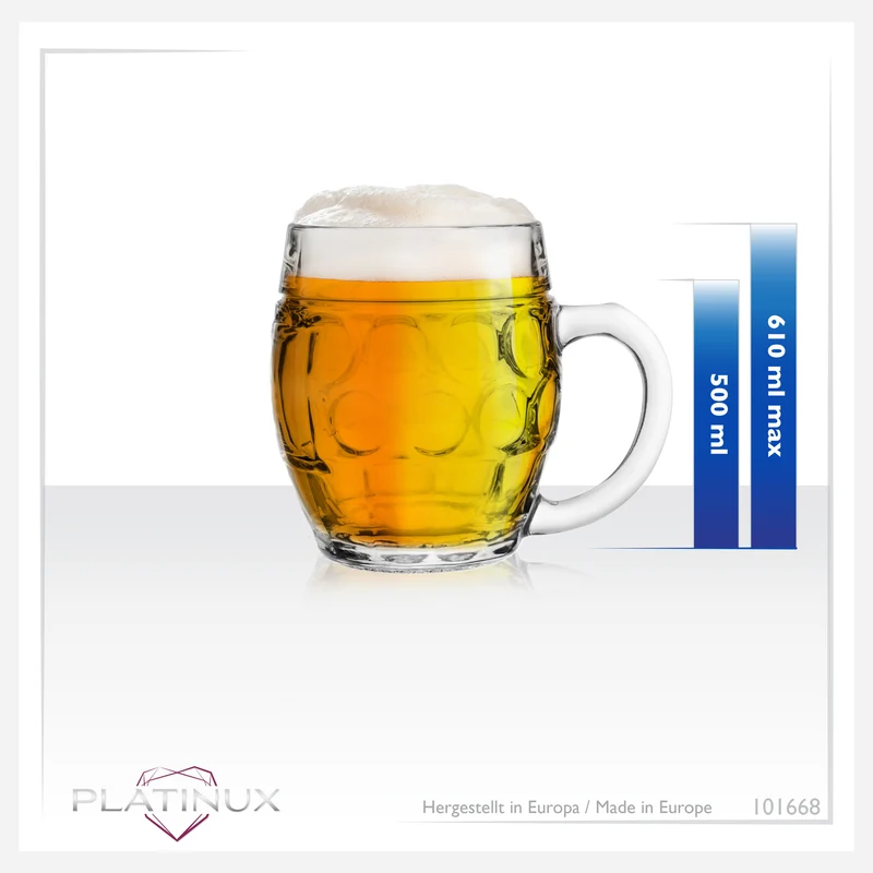 PLATINUX Biergläser mit Henkel 500ml (max.610ml) aus Glas Set 6-Teilig Maßkrug