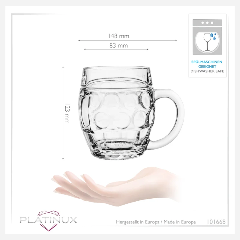 PLATINUX Biergläser mit Henkel 500ml (max.610ml) aus Glas Set 6-Teilig Maßkrug