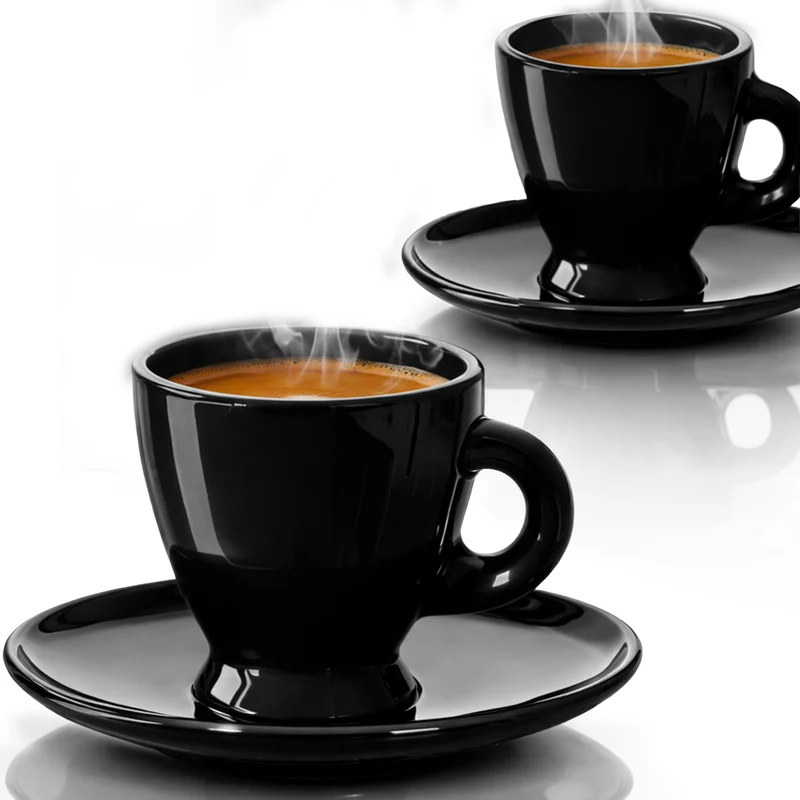 PLATINUX Espressotassen Set 2 schwarze Espressogläser mit Untertassen aus Glas 93 ml