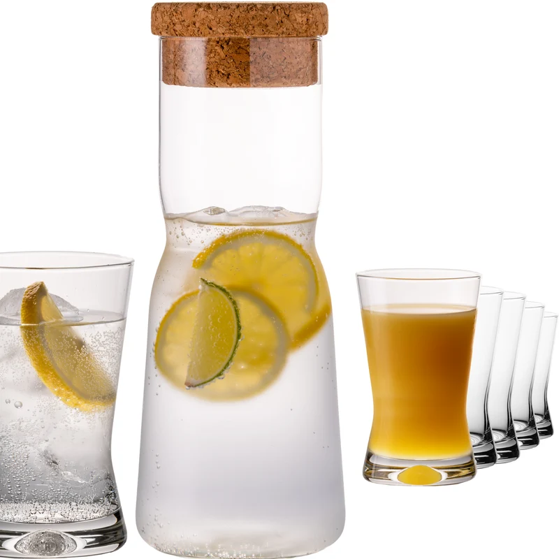 PLATINUX Karaffe mit Korkenverschluss und 6 Trinkgläsern X-Form 1000ml / 200ml aus Crystalline Glas "CrossLine" Spülmaschinenfest