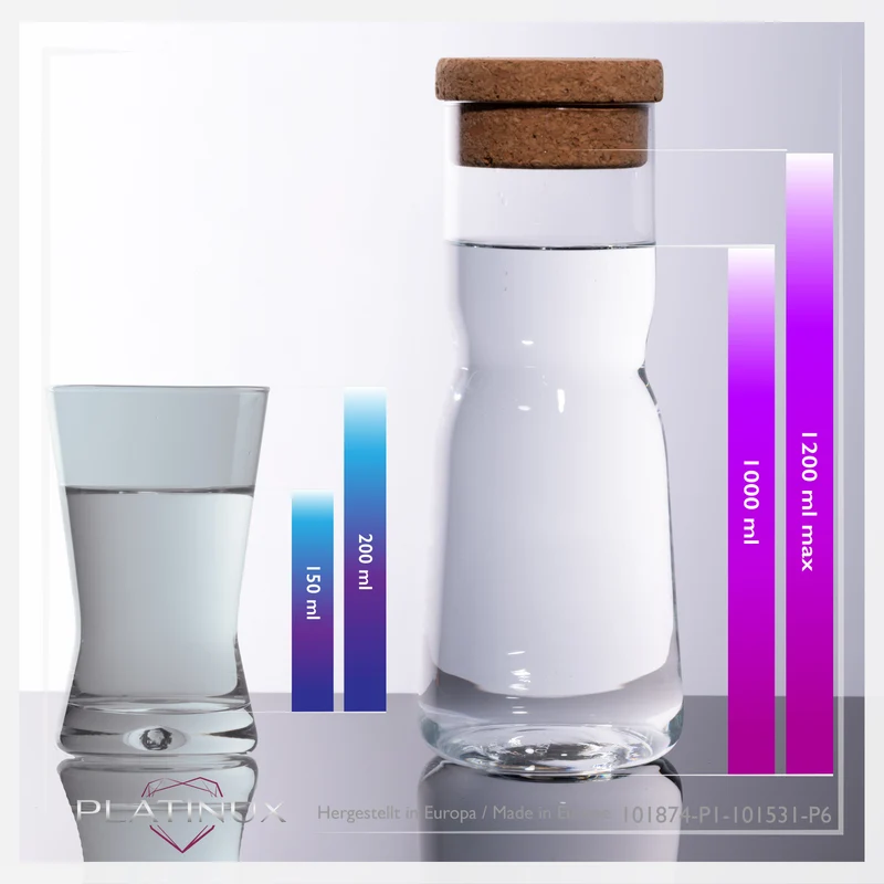 PLATINUX Karaffe mit Korkenverschluss und 6 Trinkgläsern X-Form 1000ml / 200ml aus Crystalline Glas "CrossLine" Spülmaschinenfest